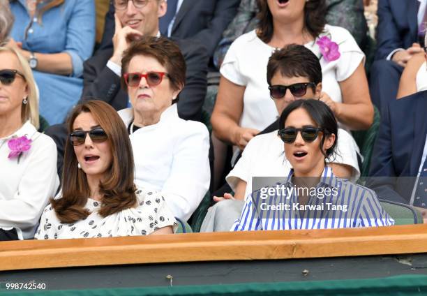 Catherine, Duchess of Cambridge and Meghan, Duchess of Sussex attend day twelve of the Wimbledon Tennis Championships at the All England Lawn Tennis...