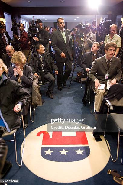 House Republican Leader John Boehner enters the House Republican Leadership press conference in the RNC Lobby near the U.S. Capitol on February 4,...