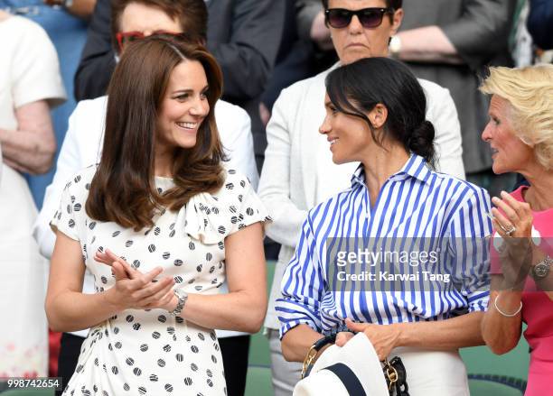 Catherine, Duchess of Cambridge and Meghan, Duchess of Sussex attend day twelve of the Wimbledon Tennis Championships at the All England Lawn Tennis...