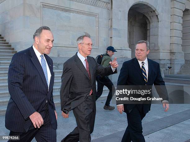 Charles Schumer, D-N.Y., Senate Minority Leader Harry Reid, D-Nev., and Senate Minority Whip Richard Durbin, D-Ill., heads to a news conference to...
