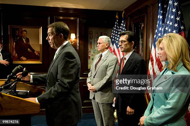 House Republican Leader John Boehner answers questions from reporters at the House Republican Leadership press conference in the RNC Lobby near the...