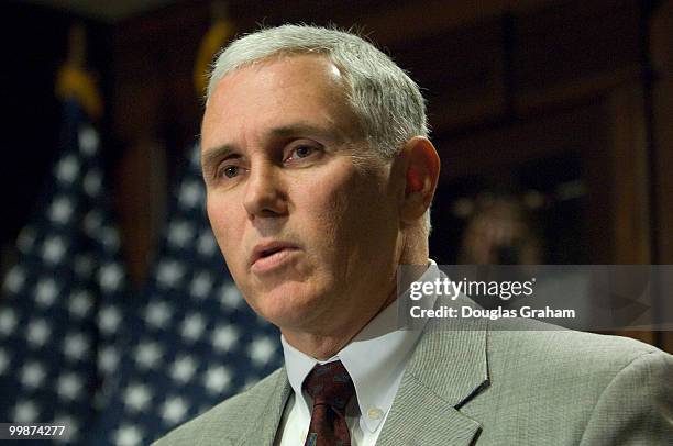 House Republican Conference Chairman Mike Pence , answers questions from reporters at the House Republican Leadership press conference in the RNC...