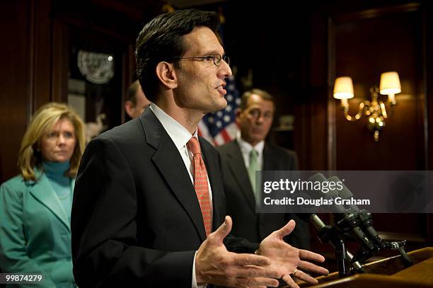 House Republican Whip Eric Cantor , answers questions from reporters at the House Republican Leadership press conference in the RNC Lobby near the...