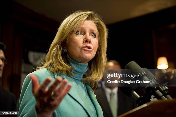 Marsha Blackburn, answers questions from reporters at the House Republican Leadership press conference in the RNC Lobby near the U.S. Capitol on...