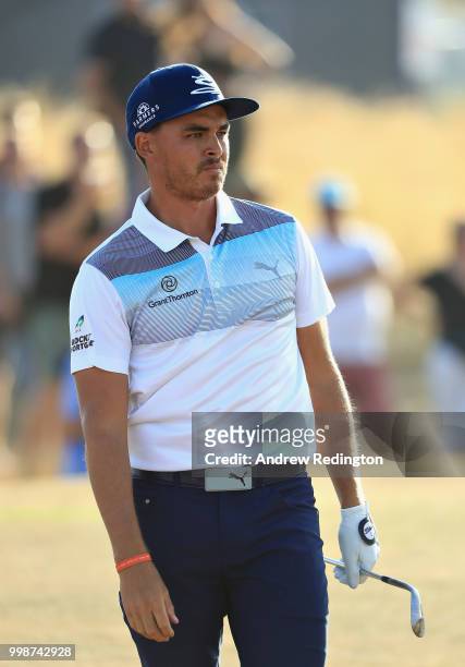 Rickie Fowler of USA looks on, on hole eighteen during day three of the Aberdeen Standard Investments Scottish Open at Gullane Golf Course on July...