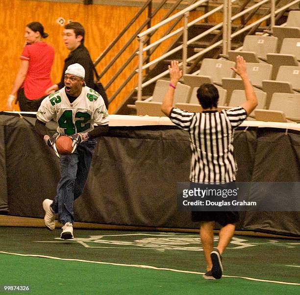 John Booty of the Philadelphia Eagles reacts after makeing a one handed catch for a touch down in the Roll Call Longest Yard Football Classic charity...