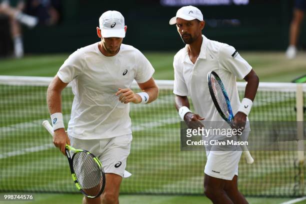 Raven Klaasen of South Africa and Michael Venus of New Zealand during the Men's Doubles final against Mike Bryan and Jack Sock of The United States...