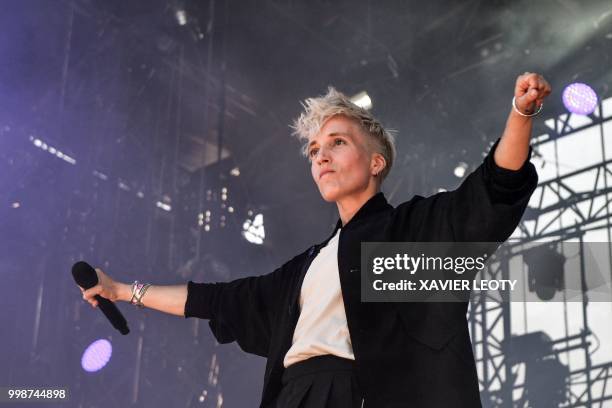 French singer Jeanne Added performs during the 34th edition of the Francofolies Music Festival in La Rochelle, southwestern France, on July 14, 2018.