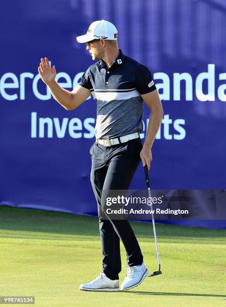 Jens Dantorp of Sweden reacts to his birdie putt on hole eighteen during day three of the Aberdeen Standard Investments Scottish Open at Gullane Golf...