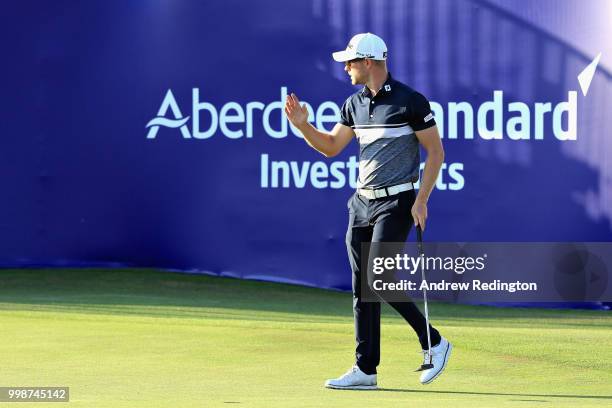 Jens Dantorp of Sweden reacts to his birdie putt on hole eighteen during day three of the Aberdeen Standard Investments Scottish Open at Gullane Golf...