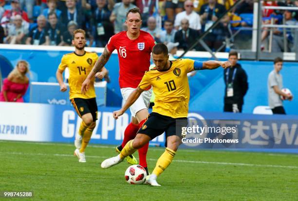 Phil Jones defender of England & Eden Hazard midfielder of Belgiumduring the FIFA 2018 World Cup Russia Play-off for third place match between...
