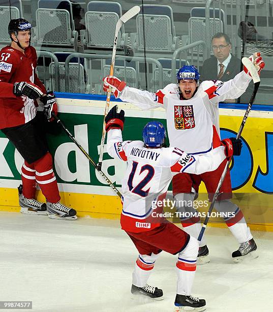 Czech's Lukas Kaspar celebrates scoring with Czech's Jiri Novotny during the IIHF Ice Hockey World Championship match Canada vs Czech Republic in the...