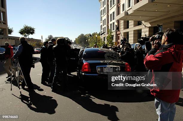 Bob Ney's car trys to leave the U.S. District Court October 13, 2006 in Washington, DC. The car was held up by photographers blocking the street and...