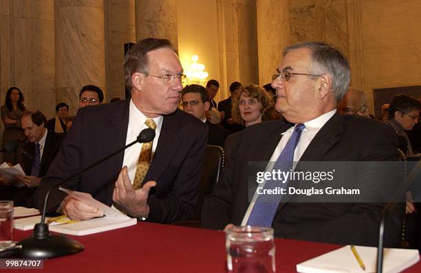 Wayne Allard, R-Colo.and Barney Frank, D-Mass., greet each other before the start of the Senate Judiciary Committee Marriage Amendment Constitution...