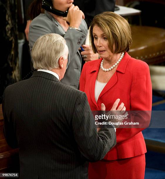 Steny Hoyer, D-MD, talks with Speaker of the House Nancy Pelosi, D-CA., before President Barack Obama makes his health care joint address to the U.S....