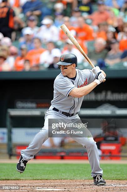 Grady Sizemore of the Cleveland Indians bats against the Baltimore Orioles at Camden Yards on May 16, 2010 in Baltimore, Maryland.