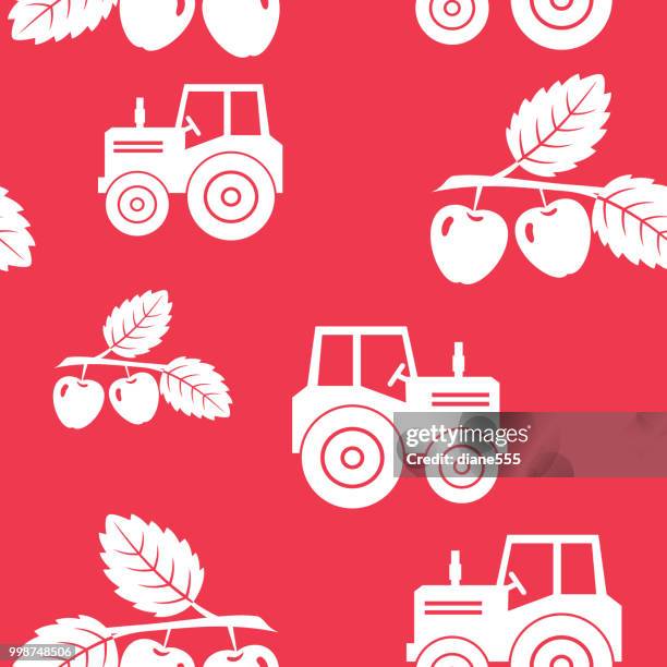 flat design farm tractor seamless pattern - apple trees stock illustrations