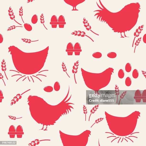 flat design farm seamless pattern. chickens and eggs - rooster print stock illustrations