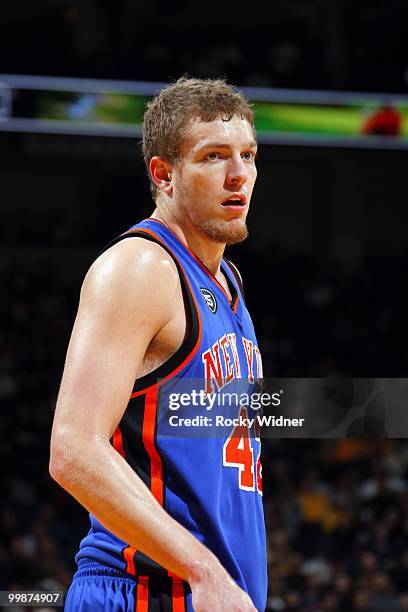 David Lee of the New York Knicks looks on during the game against the Golden State Warriors at Oracle Arena on April 2, 2010 in Oakland, California....