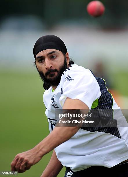 Monty Panesar of England Lions in action during a net session at The County Ground on May 18, 2010 in Derby, England.