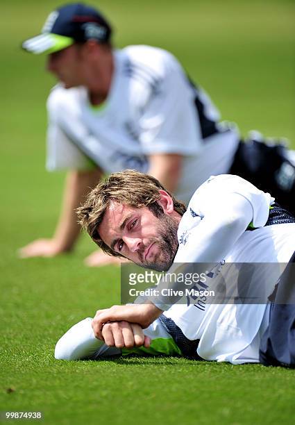 Liam Plunkett of England Lions warms up during a net session at The County Ground on May 18, 2010 in Derby, England.
