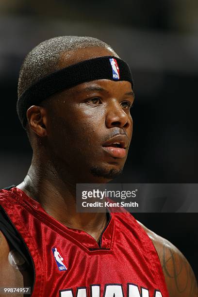 Jermaine O'Neal of the Miami Heat looks on during the game against the Charlotte Bobcats at Time Warner Cable Arena on March 9, 2010 in Charlotte,...