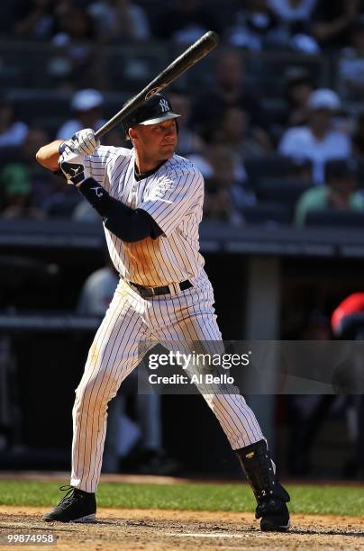 Derek Jeter of The New York Yankees in action against the Minnesota Twins during their game on May 16, 2010 at Yankee Stadium in the Bronx Borough of...