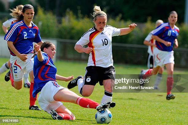 Jacqueline De Backer fights for the ball during the U16 women international friendly match between France and Germany at Parc des Sports stadium on...