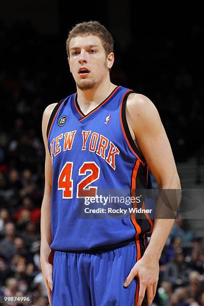 David Lee of the New York Knicks looks on during the game against the Golden State Warriors at Oracle Arena on April 2, 2010 in Oakland, California....