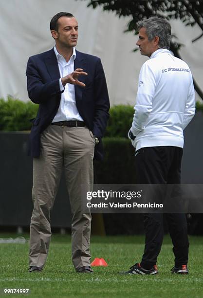 Internazionale Milano head coach Jose Mourinho and Marco Branca attend an FC Internazionale Milano training session during a media open day on May...