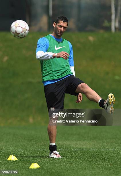 Marco Materazzi of FC Internazionale Milano attends an FC Internazionale Milano training session during a media open day on May 18, 2010 in Appiano...