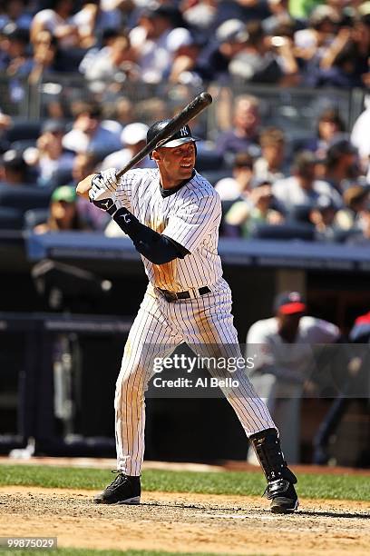Derek Jeter of The New York Yankees in action against the Minnesota Twins during their game on May 16, 2010 at Yankee Stadium in the Bronx Borough of...
