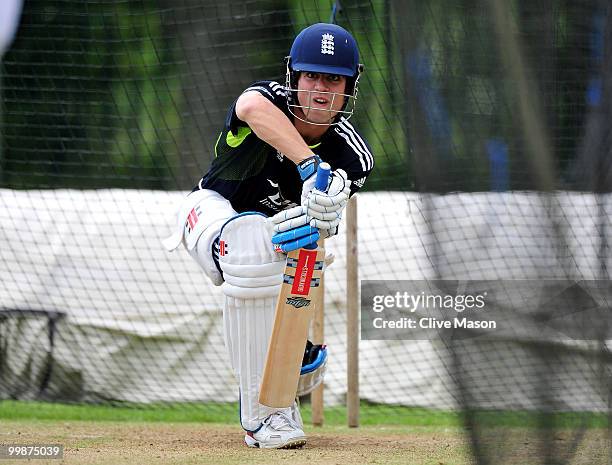 Alastair Cook of England Lions in action during a net session at The County Ground on May 18, 2010 in Derby, England.