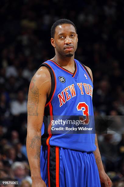Tracy McGrady of the New York Knicks looks on during the game against the Golden State Warriors at Oracle Arena on April 2, 2010 in Oakland,...
