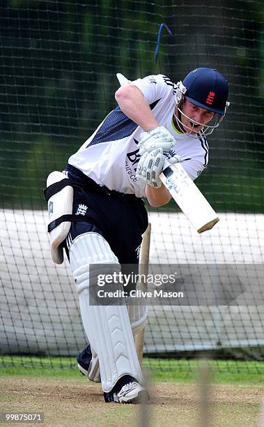 Steve Kirby of England Lions in action during a net session at The County Ground on May 18, 2010 in Derby, England.