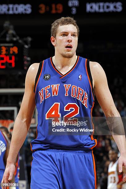 David Lee of the New York Knicks looks on during the game against the Golden State Warriors at Oracle Arena on April 2, 2010 in Oakland, California....