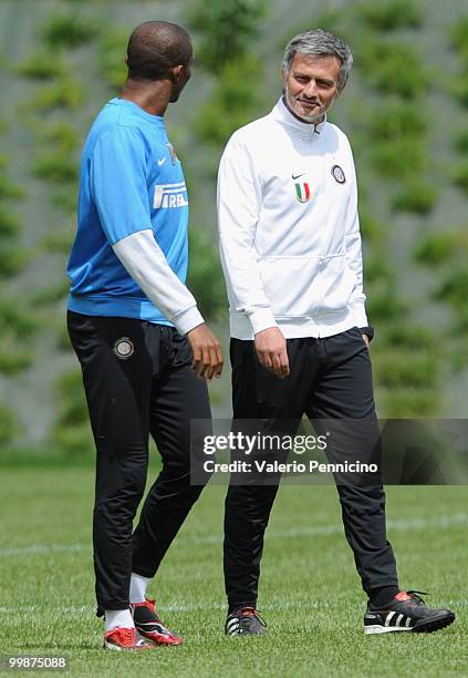 Internazionale Milano head coach Jose Mourinho and Samuel Eto o attend an FC Internazionale Milano training session during a media open day on May...