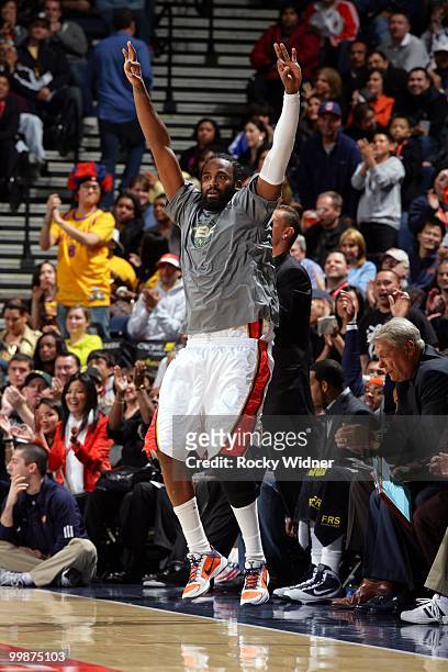Ronny Turiaf of the Golden State Warriors celebrates on the sidelines during the game against the New York Knicks at Oracle Arena on April 2, 2010 in...
