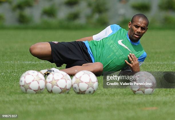Douglas Santos Maicon of FC Internazionale Milano attends an FC Internazionale Milano training session during a media open day on May 18, 2010 in...