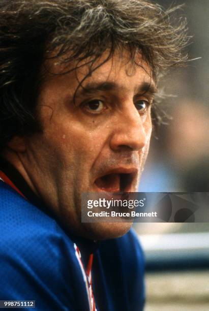 Phil Esposito of the New York Rangers sits on the bench during an NHL game circa April, 1980.