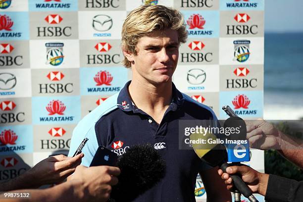 Berrick Barnes chats to the media during the Waratahs media session at Beverly Hills Hotel on May 18, 2010 in Durban, South Africa.