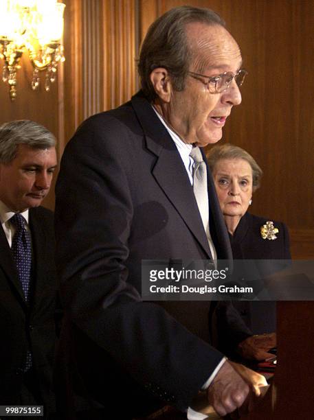 Jack Reed, D-RI, Former Secretary of Defense William J. Perry, and Former Secretary of State Madeleine K. Albright during a press conference on the...