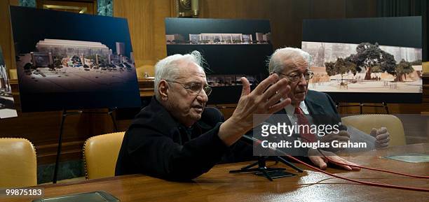 World-renowned architect Frank O. Gehry and Chairman of the Dwight D. Eisenhower Memorial Commission Rocco Siciliano talk with reporters during a...