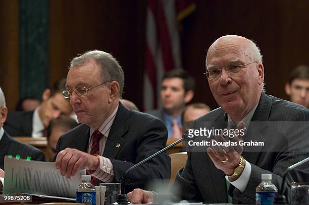 Arlen Specter, R-PA., and Patrick Leahy, D-VT., during the Senate Judiciary Committee full committee markup to vote on the nomination of Michael...