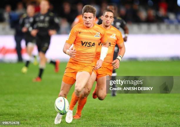 Jaguares wing Sebastian Cancelliere chases a loose ball during the Super Rugby match between the Sharks and the Jaguares at the Kings Park Stadium in...