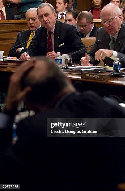 Orrin Hatch, R-UT., Arlen Specter,R-PA., and Patrick Leahy, D-VT., during the Senate Judiciary Committee full committee markup to vote on the...