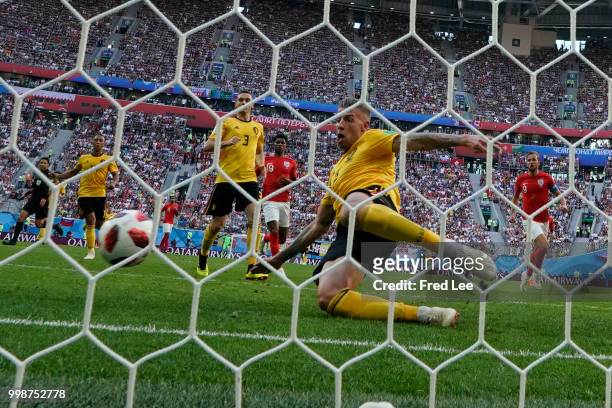 Play off for third place final FIFA World Cup Russia 2018 The decisive defensive tackle by Toby Alderweireld on Eric Dier shot at Saint Petersburg...