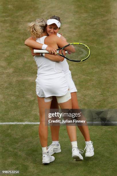 Barbora Krejcikova and Katerina Siniakova of Czech Republic celebrate their victory against Nicole Melichar of The United States and Kveta Peschke of...