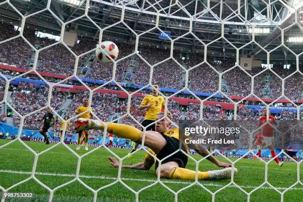 Play off for third place final FIFA World Cup Russia 2018 The decisive defensive tackle by Toby Alderweireld on Eric Dier shot at Saint Petersburg...