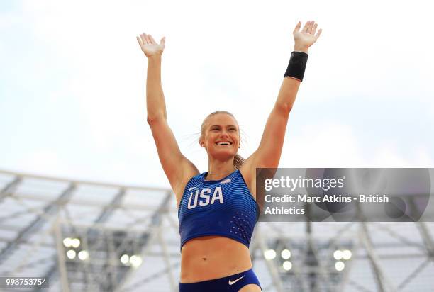 Katie Nageotte of the USA waves to the crowd after competing in the Women's Pole Vault during day one of the Athletics World Cup London at the London...